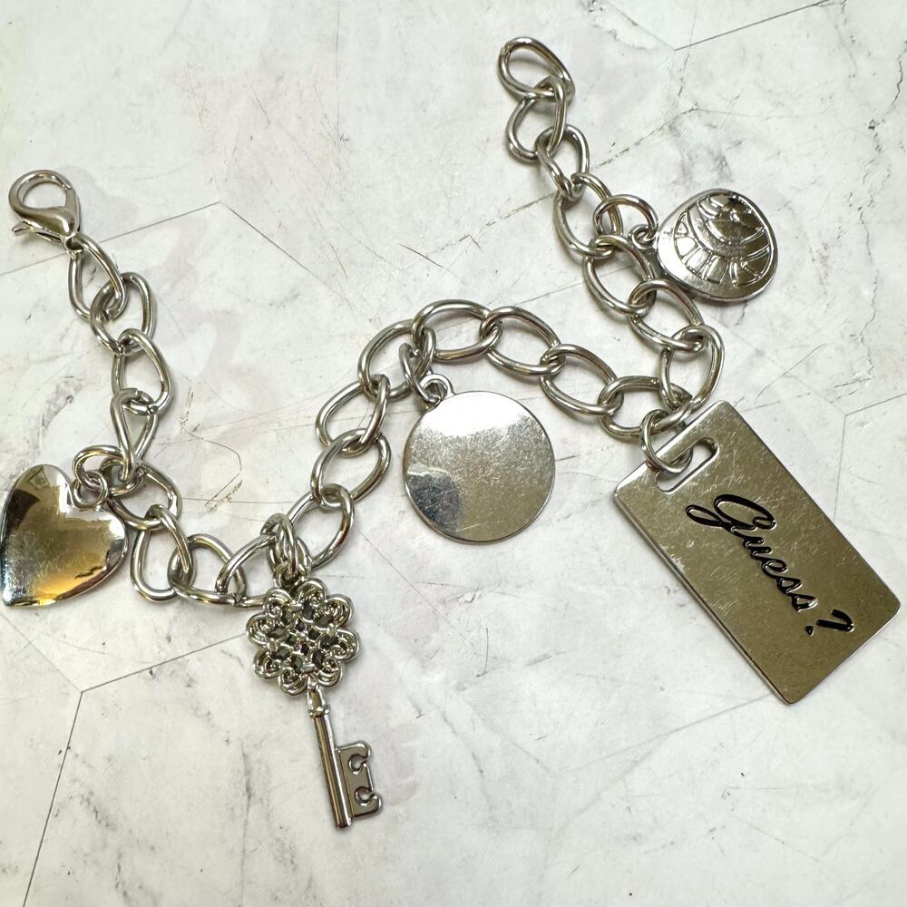 Guess Purse Bag Charm Chain Silver Tone Heart Key Logo Rectangle Tag Statement